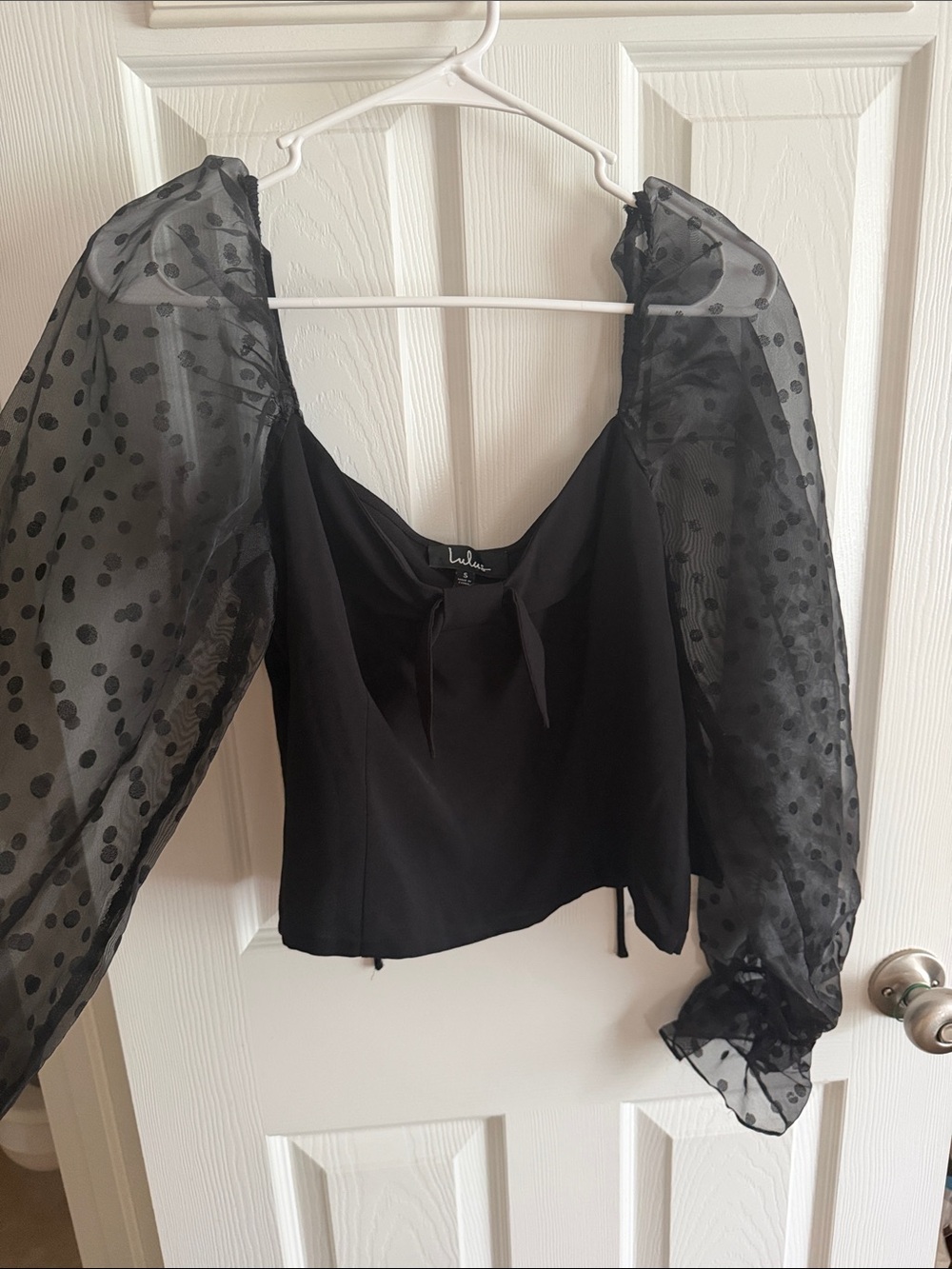 Lulu's Black Sheer Polka Dot Puff Sleeve Cropped Top